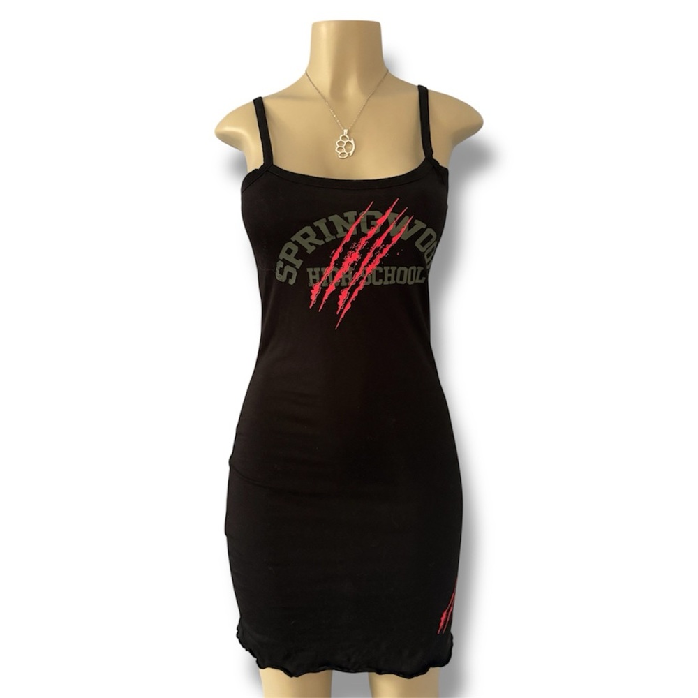 Black Spaghetti Strap Dress with Red Graphic